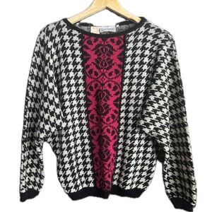 Le Chateau Houndstooth Black White Pink Sweater Wool Bold Eccletic Vintage Med